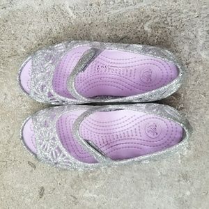 Silver sparkle crocs worn twice